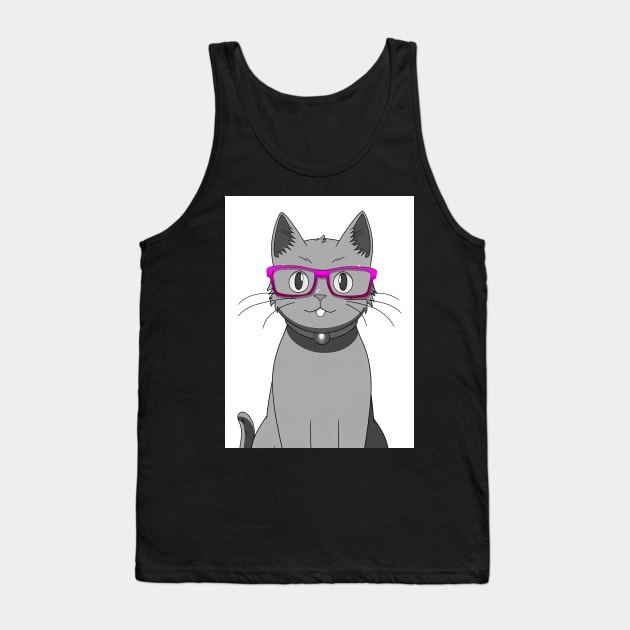 Cute Grey Cat with Nerdy Pink Glasses - Anime Wallpaper Tank Top by KAIGAME Art